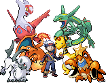 gen 3 sprite of the emerald male protagonist alongside an ampharos, latias, absol, crawdaunt, rayquaza, and charizard